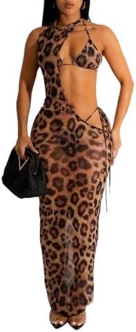 Ryehack Sexy 3 Piece Swimsuits for Women Bikini Sets and Cover Up Cutout Sleeveless Halter Sheer Mesh Maxi Dress Size M