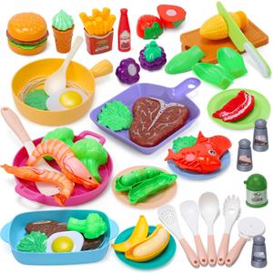 Kids Play Kitchen Toy Accessories, Toddler Pretend Cooking Playset with Toys Cookware and Utensils, Toys Food for Cutting Play, Kids Cooking Set Education Learning Gift for Boys Girls