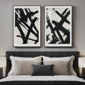 Large Framed Modern Black and White Wall Art for Bedroom, 2 Piece Minimalist Abstract Line Print Paintings, Bright Style Pictures Artwork Decor for Living Room Dining Room Hallway, 24x36 Inch