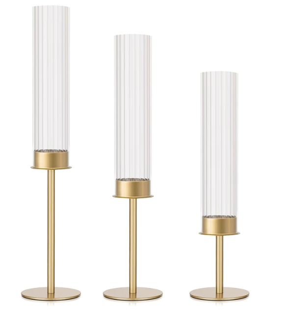 Gold Candle Holders Set of 3 Decorative Taper Candlestick Holders with Windproof Glass for Wedding Reception, Home Decor, and Holiday Centerpieces Elegant Heights of 14'', 16.5'', 18.8''