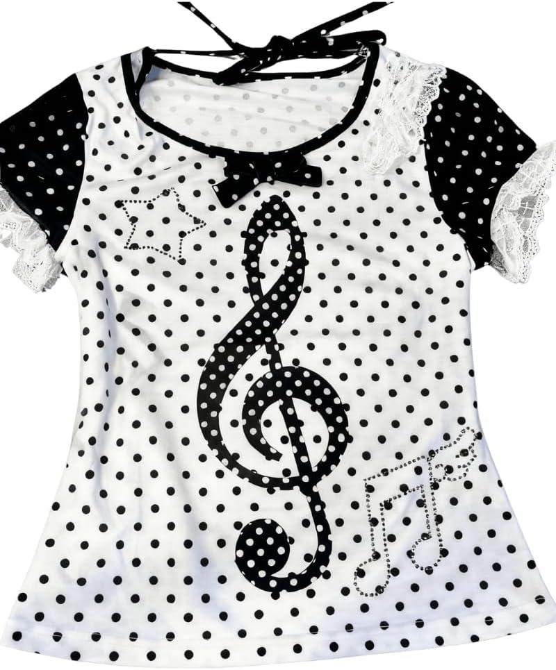 Emo Grunge Tops Y2k Harajuku Music Note Shirt Vintage Gothic 2000s Clothing Whimsy Twee Tees Alt Clothes (White, S)