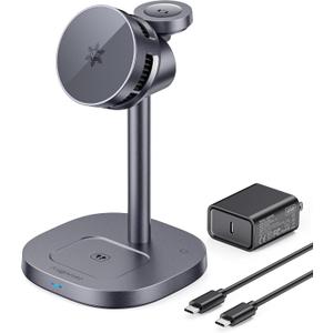 2026 New Magnetic Wireless Charger Stand with TEC Active Cooling, 15W Qi2-Certified 3 in 1 Charging Station for Apple Charger Stand, Wireless Charger for iPhone17/16/15/14/13/12, Apple Watch, AirPods (Gunmetal Grey)