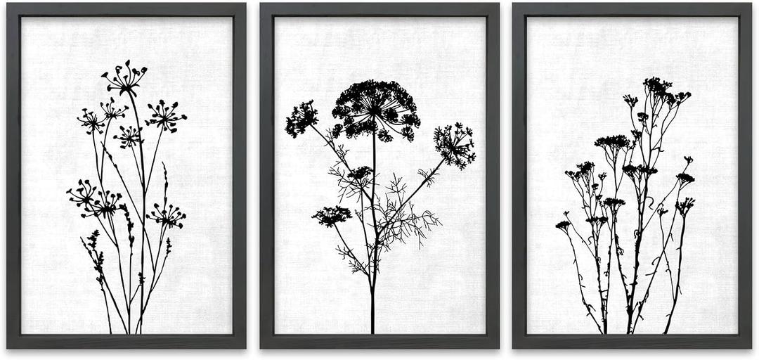 TQianJiang Flower Plant Wall Decor 16"x11" Black And White Botanical Painting Wood Framed Set of 3 Bedroom Office Abstract Wildflower Sign Hanging Art (Black)