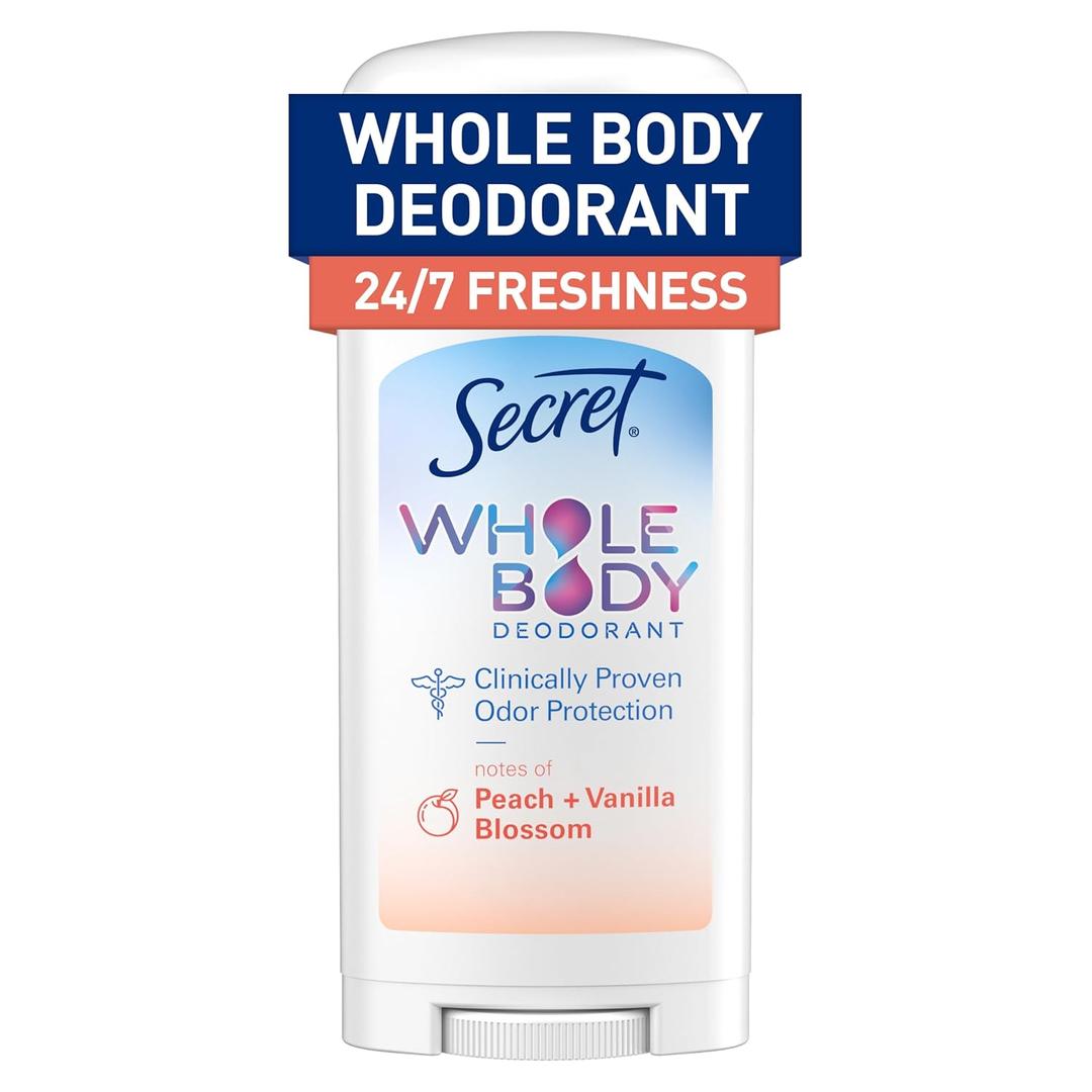 Secret Whole Body Deodorant Stick for Women, Naturally Derived Ingredients, Peach & Vanilla Scent, Aluminum Free Deodorant Stick, 72 HR Odor Protection, 2.4 oz (2.4 Ounce (Pack of 1))
