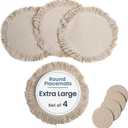 Fine Living Co. 15 Inch Round Placemats Set of 4 with 4-Free Coasters, Washable Heat Resistant Non-Slip Braided Cotton Placemats with Fringe, Boho Woven Table Mats for Dining Table Decor, Ivory