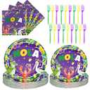 Tioncy 96 Pcs Mardi Gras Plates and Napkins Disposable Tableware Set Purple Nola Paper Plates Forks for 24 Guests Mardi Gras Party Supplies Alligator Crawfish Pelican Party Decorations Forks Set