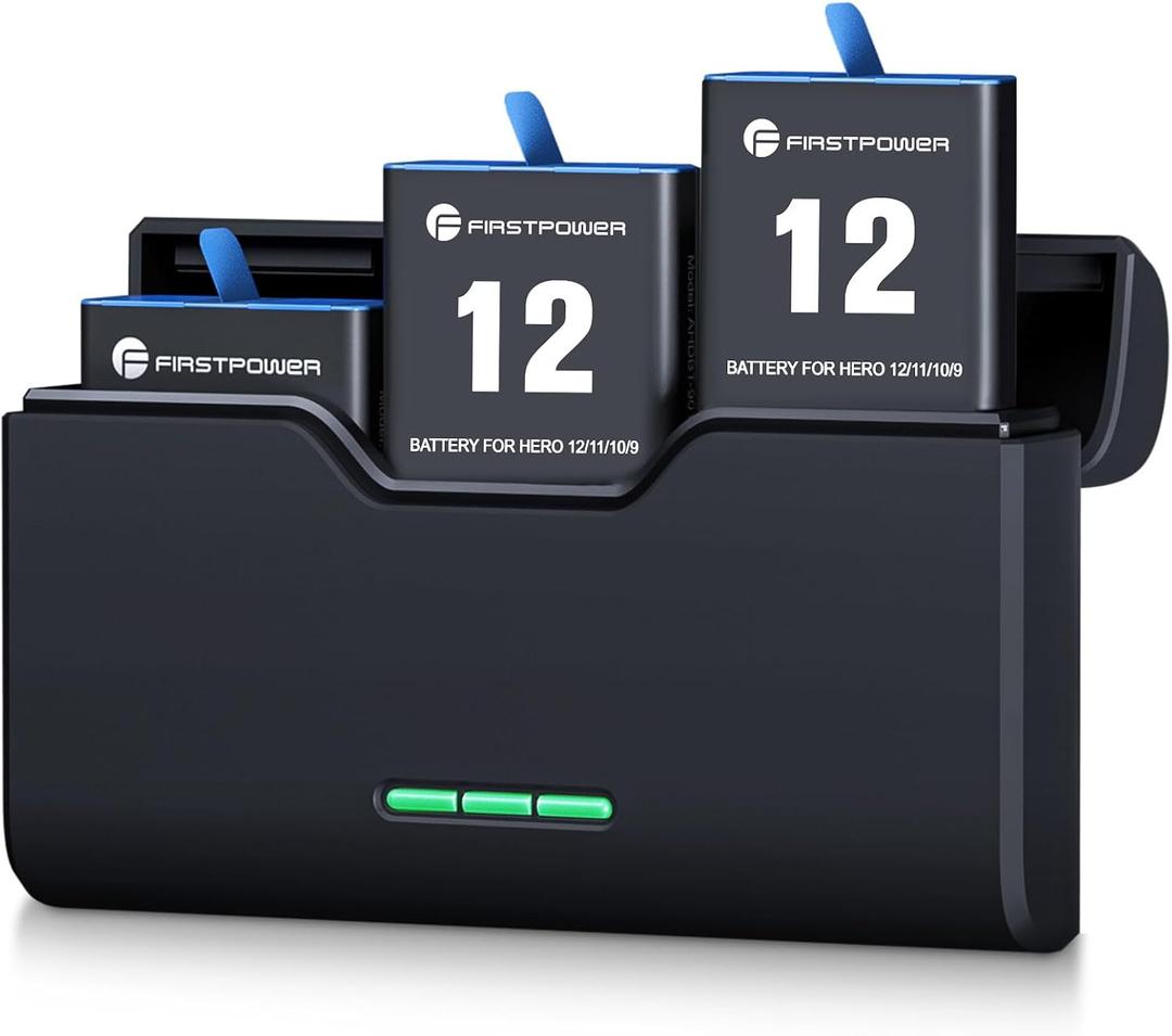 FirstPower Hero 12/11/10/9 Battery 3-Pack 2250mAh and Triple Slot USB Fast Charger for GoPro Hero 12, 11, 10, 9