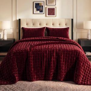 Tribeca Living Luxury Velvet Quilt Queen Size Set - 260GSM Ultra-Soft Oversized Velvet Bedspread Comforter Set with 2 Shams, in Florence Burgundy