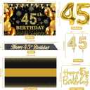 45th Birthday Decorations Men Women with 45th Birthday Banner, Black and Gold Table Cloth, Number Balloons, Large Sash, Cake Topper and Candles