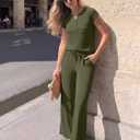 Casly Lamiit 2 Piece Lounge Sets for Women Summer Outfits Travel Airport Henley Sweatsuit Casual Wide Leg Crop Pants 2026 (Green, XL)