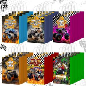 Kolldenn 24 Pcs Monsters Truck Party Favor Bags Truck Theme Gift Goodie Paper Bags with Handles Racing Car Candy Treat Pouch for Monster Party Birthday Decorations Baby Shower Supplies