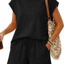 ATHMILE Womens Two Piece Crew Neck Short Sets Cap Sleeve Drawstring Spring Summer Sweatsuit with Pocket Beach Vacation M