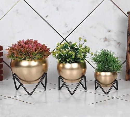 Kalakriti Metal Antique Flower Vase Pot with Stand for Home Decor Decoratives for Indoor Outdoor Living Room Balcony | Best Gift for Birthday Anniversary |Golden, 3 pcs Set, Golden