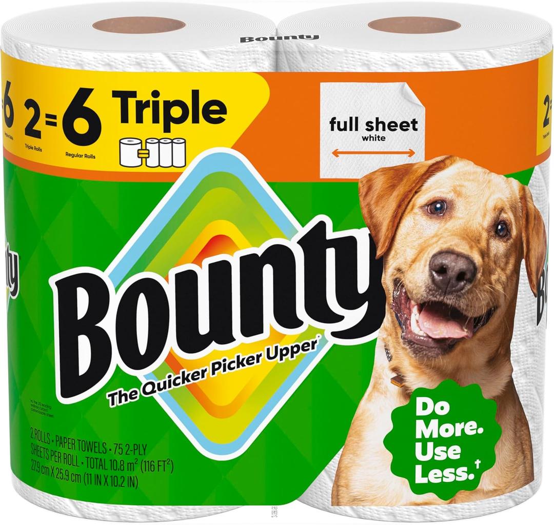 Bounty Full Sheet Paper Towels, White, 2 Triple Rolls = 6 Regular Rolls 