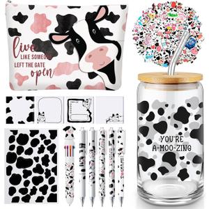 64 Pcs Cow Gifts for Women Cow Print Stuff Gift 16oz Tumbler Makeup Bag Pens Sticky Notes Stickers Multicolor Ballpoint Pen for Office Supplies Birthday Party Favors Baby Shower