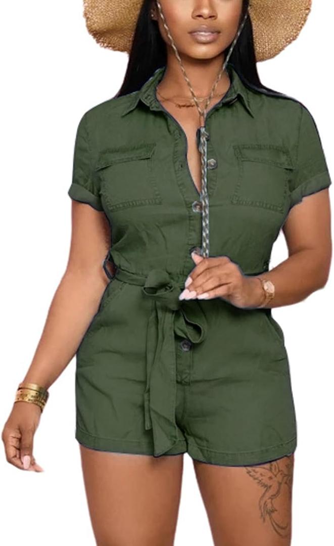 LaiyiVic Denim Romper for Women Jumpsuit Stretch Sexy Casual Short Sleeve Summer (Small, Army Green)