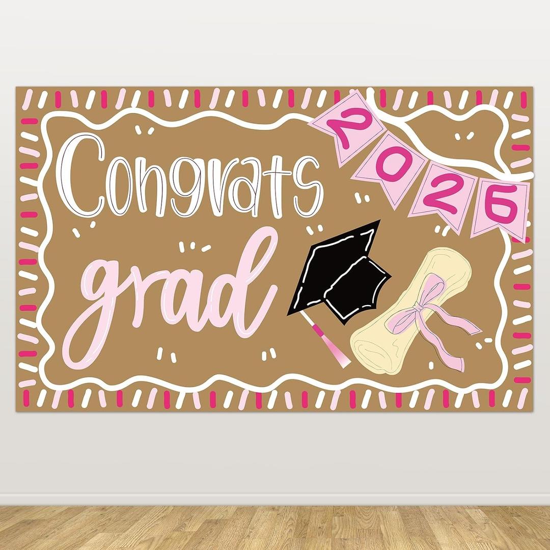 Congrats Grad Backdrop 2026 Graduation Party Banner Decorations 39" x 25" Large Congrats Grad Kraft Paper Banner Class of 2026 for Outdoor Indoor Display Wall Signs Photo Prop Supplies (Pink)