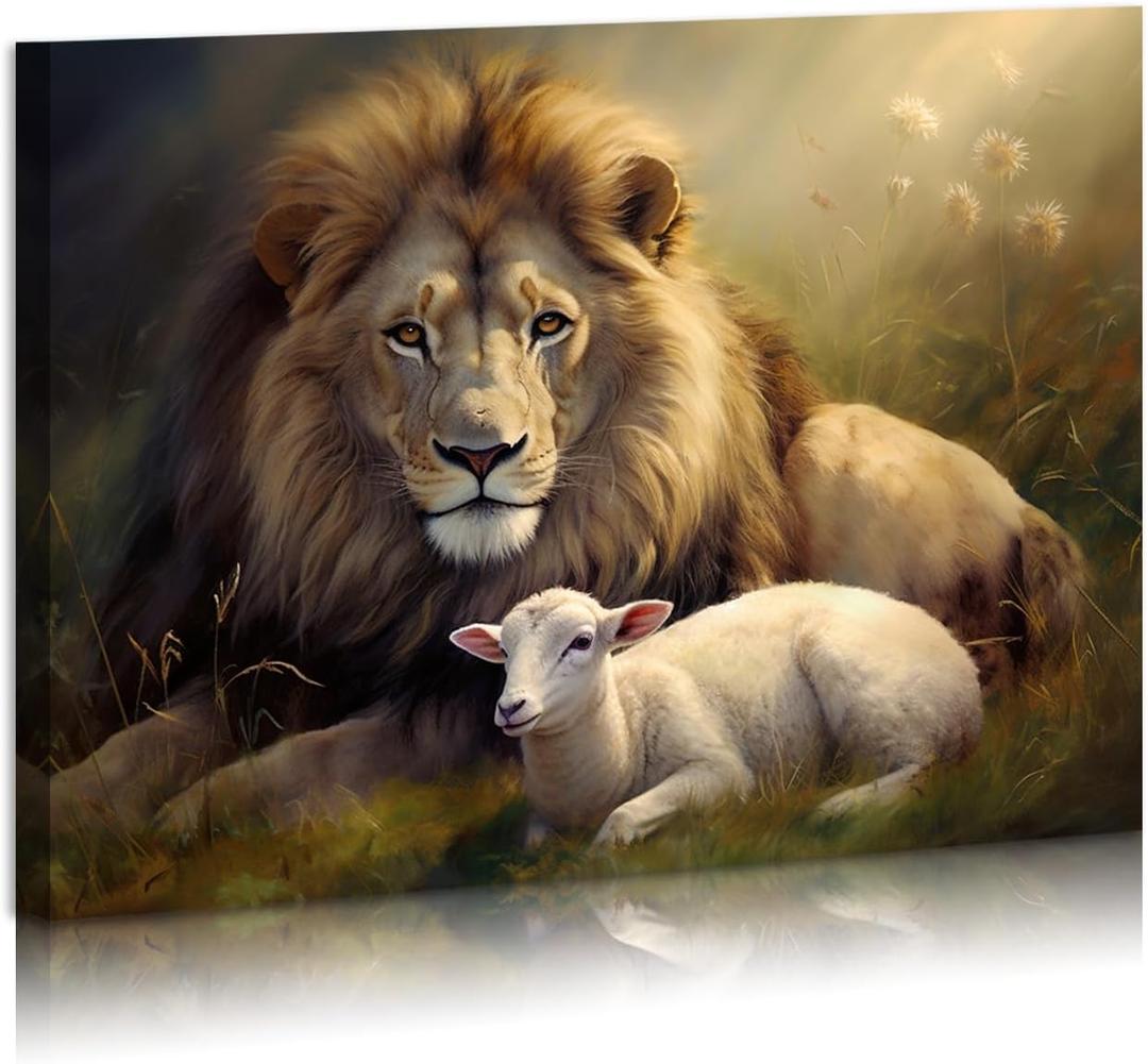 Lion Wall Art Lamb Canvas Prints Jesus Awesome Lamb and Lion Canvas Wall Art Modern Art Painting Framed for Living Room Bedroom Bathroom Office Decor Ready To Hang 12x16inches