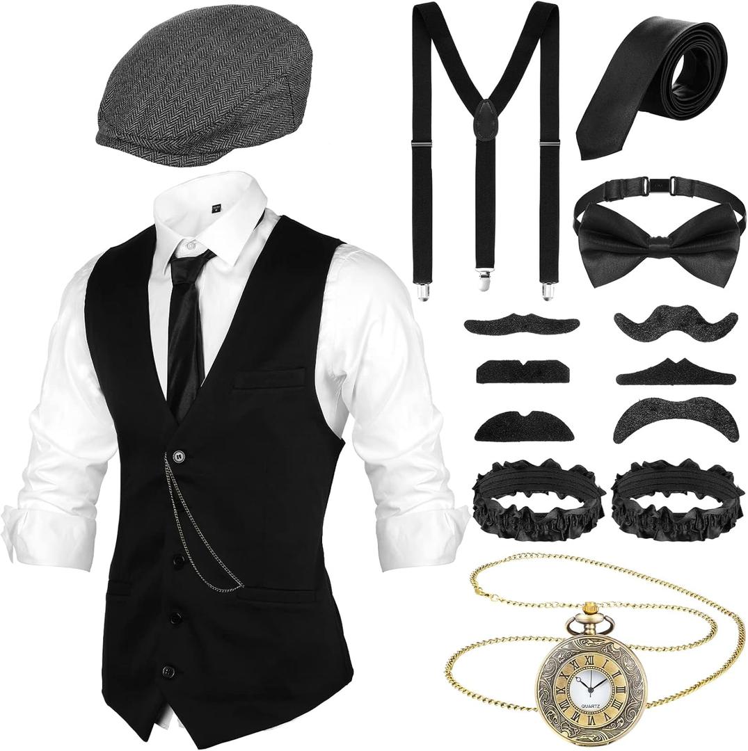 Foaincore 1920s Mens Costume Accessories Set Roaring 20s Costume, Vest, Vintage Pocket Watch, Pre Tied Bow Tie (Large, Black)