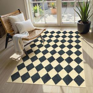 LIVEBOX Checkered Area Rug - 3x5 Washable Entryway Rug Non Slip Rugs for Bedroom, Soft Kitchen Rugs Indoor Carpet for Front Door Bathroom Home Office (Black Beige)