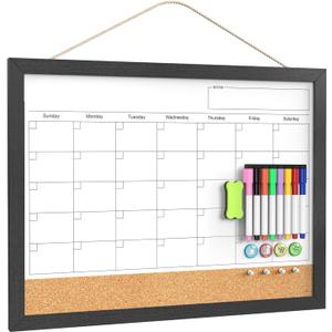 Dry Erase Calendar for Wall, 18x24 Inches Calendar Whiteboard for Wall, Magnetic Monthly White Board Corkboard with Wood Framed, Hanging Dry Erase Board for Kitchen Home Office School Planner