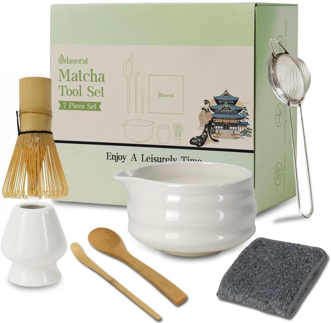 Matcha Whisk Set, 7 Pcs Matcha Kit, Premium Ceramic Matcha Set, Whisk and Bowl, Sifter, Cup Holder, Bamboo Scoop, Tea Plucking, Tea Towel, Matcha Lovers (White)