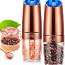 Rongyuxuan Electri Gravity Salt and Pepper Grinder Set, Ceramic Rotor, Stainless Steel,Blue LED Light,Battery Powered, Adjustable Coarseness, Support One Hand Use, Ideal partner for kitchens, Copper