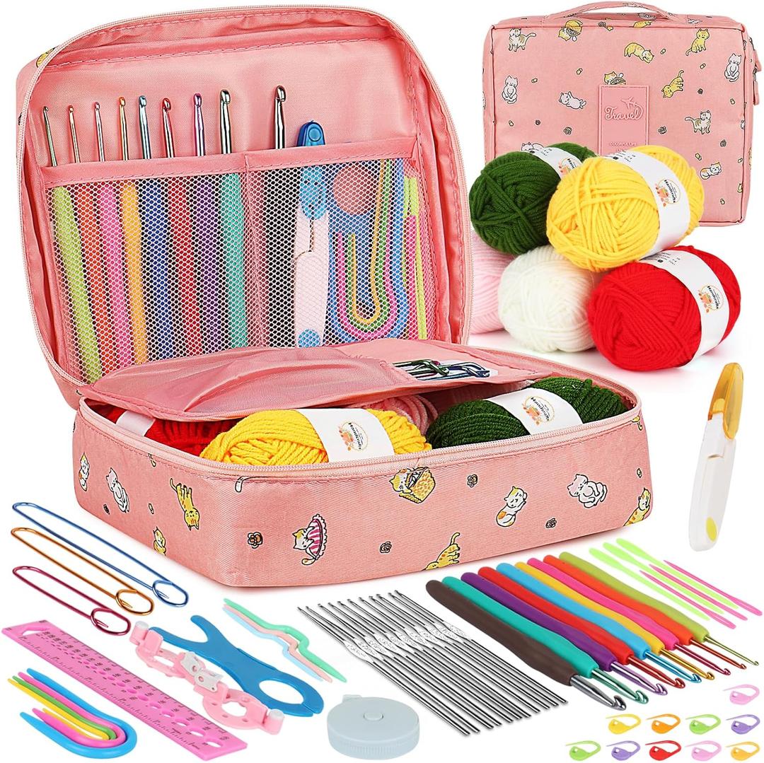 Aeelike Crochet Kit for Beginners Adults, Crochet Kits Include Yarn, 59pcs Crochet Starter Kit for Beginners,Ergonomic Crochet Hooks 2.0-6.0 mm, Lace Steel Needles 0.6-1.9 mm (pink cat)
