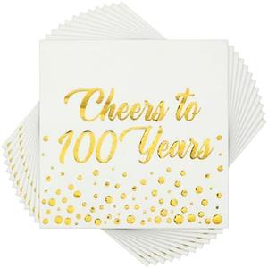 Qilery 100 Pcs Gold Foil Birthday Napkins Anniversary Birthday Decorations Cocktail Napkins Folded 6.5 x 6.5 Inch 3 Ply Disposable Tissue for Wedding Party(Cheers to 100 Years)