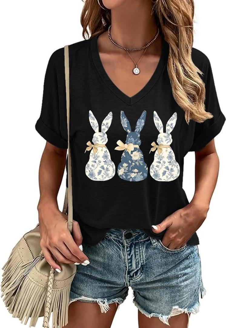 Casual V-Neck Graphic Tees for Women Summer Cute Short Sleeve Holiday Family Match T-Shirt Tops (X-Large)