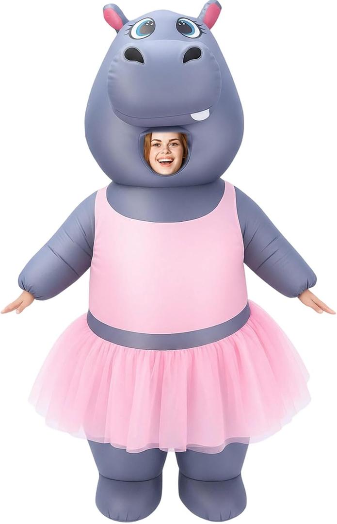 Halloween Inflatable Costumes for Adult Funny Full Body Dancing Hippo Blow up Suit with Tutu Animal Couple Costumes for Halloween Cosplay Themed Parties Carnival Events One Size