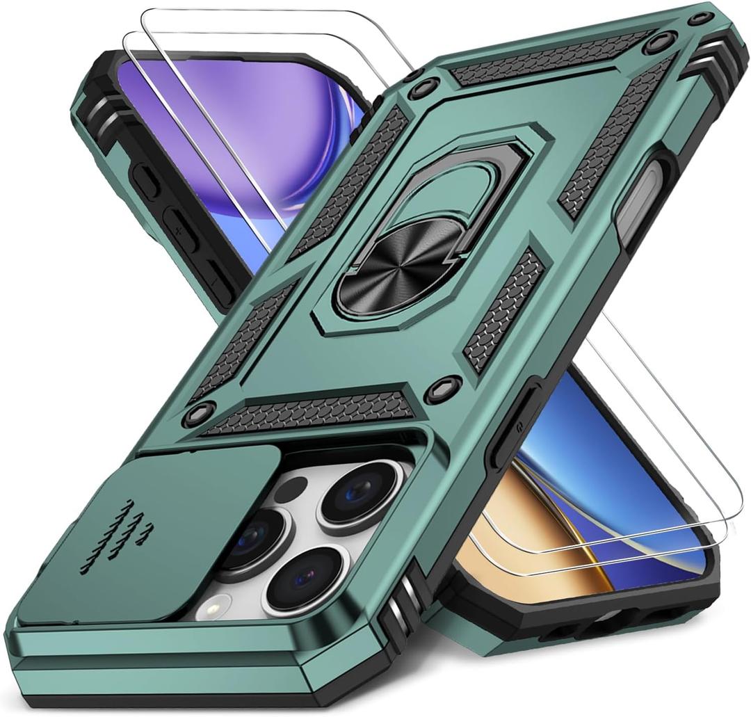 Case for iPhone 15 Pro Max with Slide Camera Cover+Screen Protector(2 Packs), Military Grade Shockproof Protective Cover, Rotated Ring Kickstand(B - Dark Green)