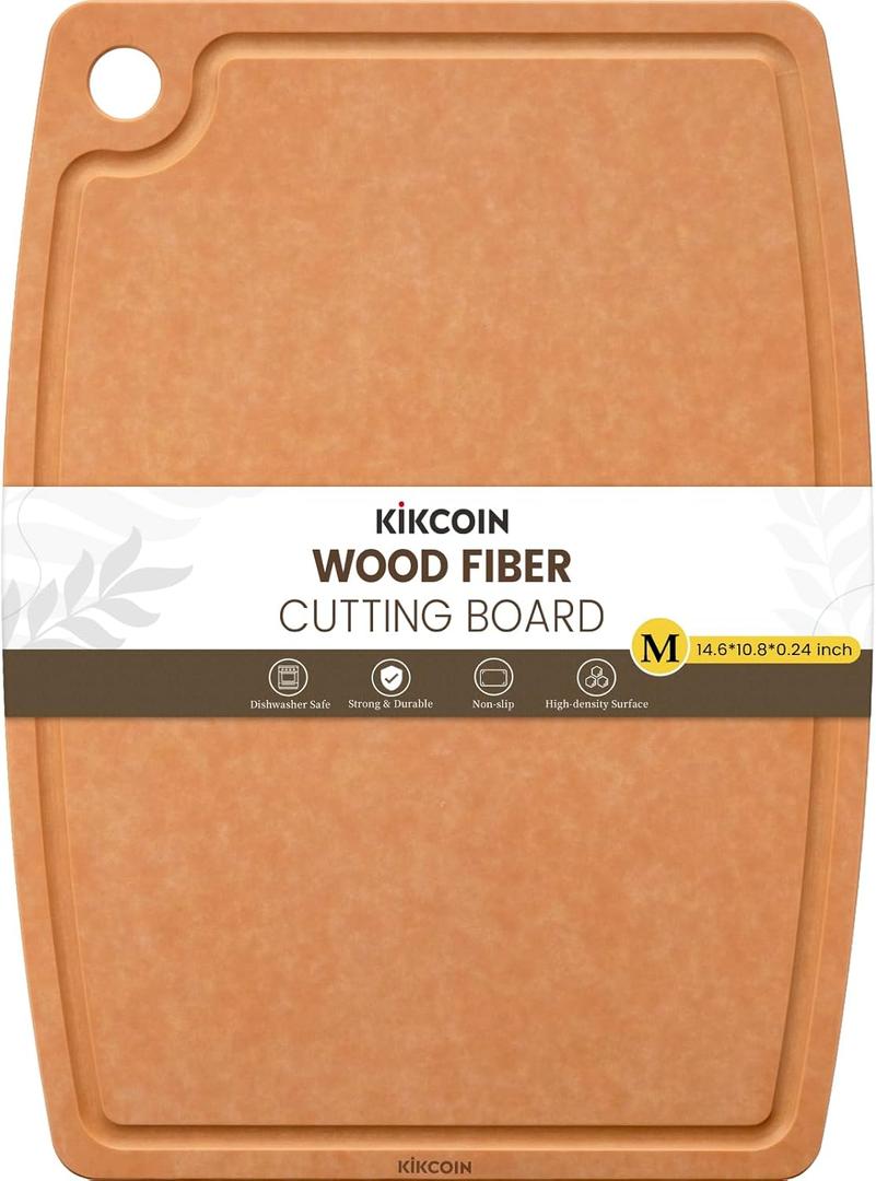 Kikcoin Wood Cutting Board, Cutting Boards for Kitchen Dishwasher Safe Non-slip Chopping Board with Juice Groove, Wood Fiber Composite Cutting Board with Hanging Hole, 14.6"*10.8"