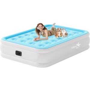Full Size Air Mattress with Built in Pump, Air Bed with Portable Storage Bag, 18'' Blow up Mattress Suitable for Home and Guests, Top Flocking, 18" Full Sky Blue