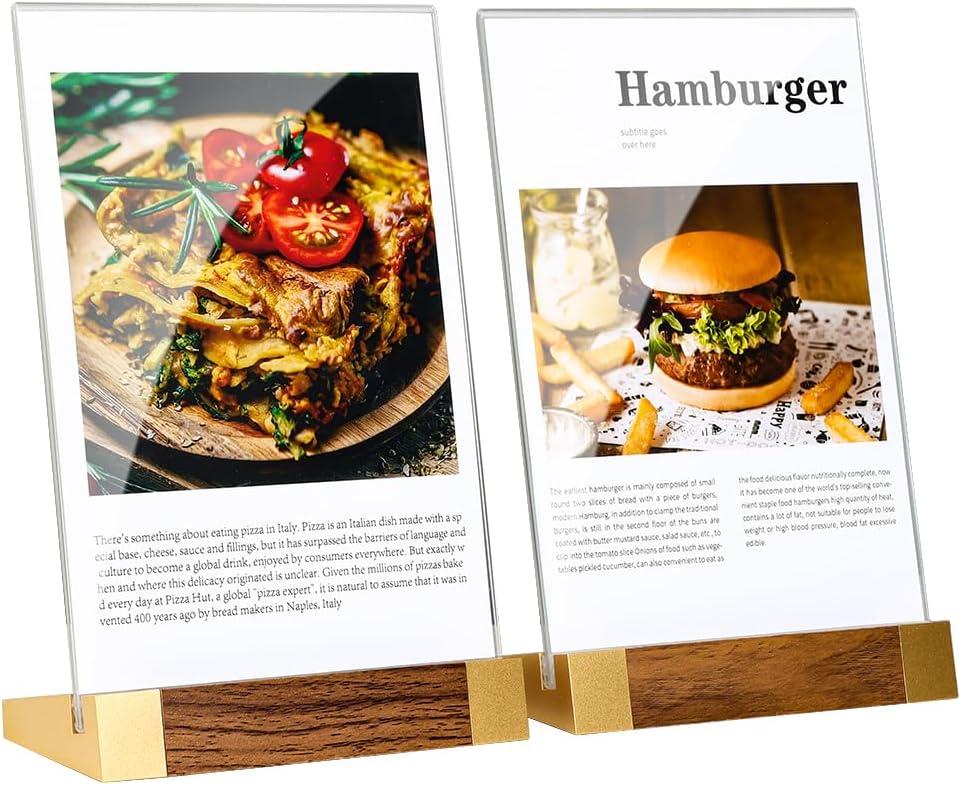 LIANHELILAI Acrylic Sign Holder 8.5 x 11 Inch with Wood-Color Base, Stable Tabletop Display Frame for Menu Flyer Photo, Clear Vertical Stand for Restaurant/Hotel/Office/ Exhibition  Easy Use, 2 Pack