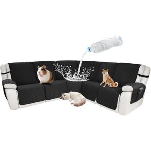 Waterproof Sectional Reclining Couch Covers L Shaped Recliner Sectional Sofa Cover 7 Piece Non Slip Washable Corner Recliner Slipcover Set for Pet Dog (5 Seater Cover, Black)