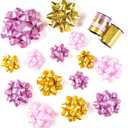 WRAPAHOLIC 16 Pcs Gift Bows Assortment - 14 Multi Colored Assorted Size Gift Bows(Pink, Gold), 2 Crimped Curling Ribbons, Perfect for Holiday, Party (Pink & Gold -16 Pcs)