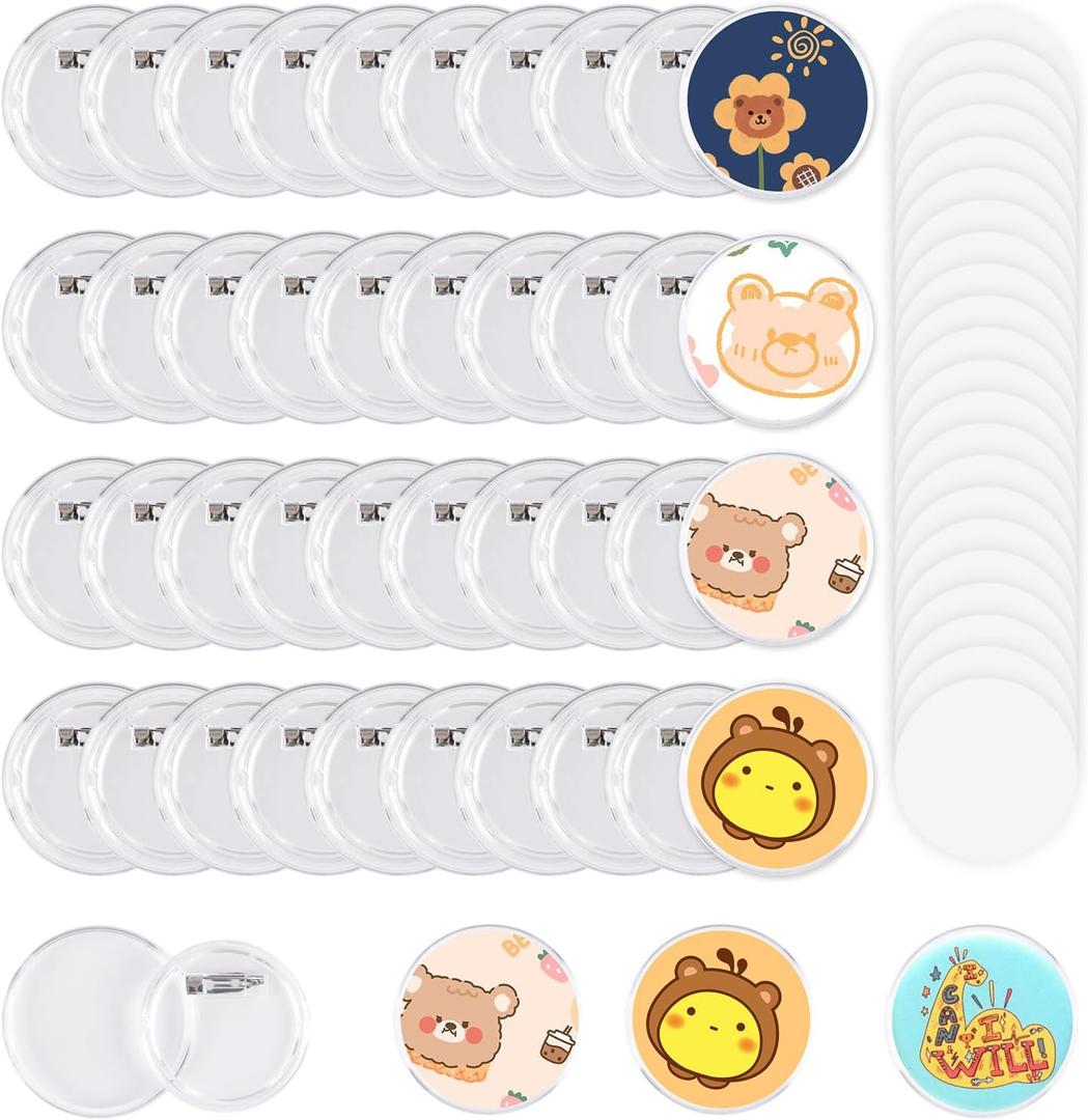 100 Pack Acrylic Button Pins Badge, 45mm/1.77 Inch Clear Acrylic Pins Buttons Badges Kit with Blank Round Paper, DIY Acrylic Pin Buttons