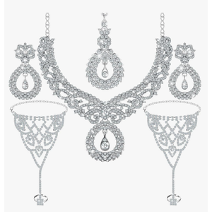 Sureio Indian Jewelry Sets for Women Bollywood Wedding Jewelry Set Choker Necklace Maang Tikka Earrings Rhinestone Bracelet