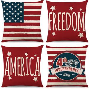 Tosewever 4th of July Decorations Pillow Covers 20x20 inch Set of 4, Independence Day Memorial Patriotic Freedom Stars Stripes Cushion Case for Sofa Couch Bed Home Outdoor Car (20" x 20", Red/Stripes)