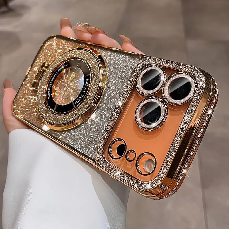 LXK Magnetic Stand for iPhone 17 Pro Max Case, [Compatible with Magsafe][Built-in Camera Lens Protector] Glitter Bling Card & Soft TPU Diamonds Bumper Protection Cover for Women Girls 6.9" Gold