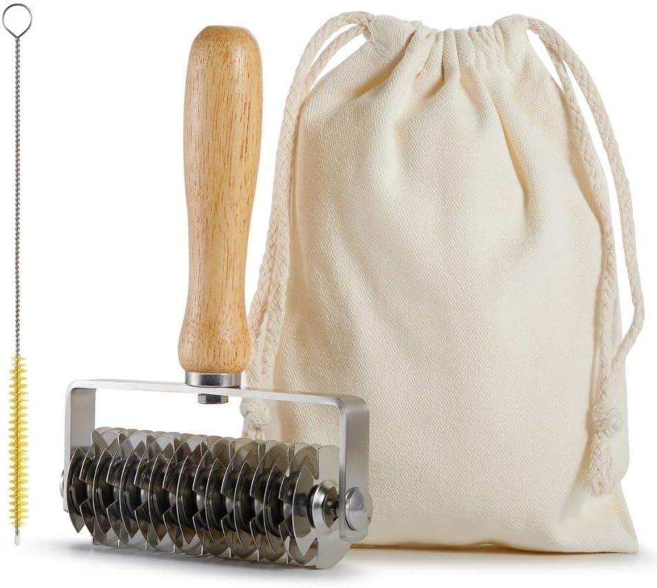 Pastry Lattice Roller Cutter, Stainless Steel Dough Lattice Roller Cutter for Beef Wellington Fishnet Crust Top Cookie Pie Pizza Bread, Wood Handle
