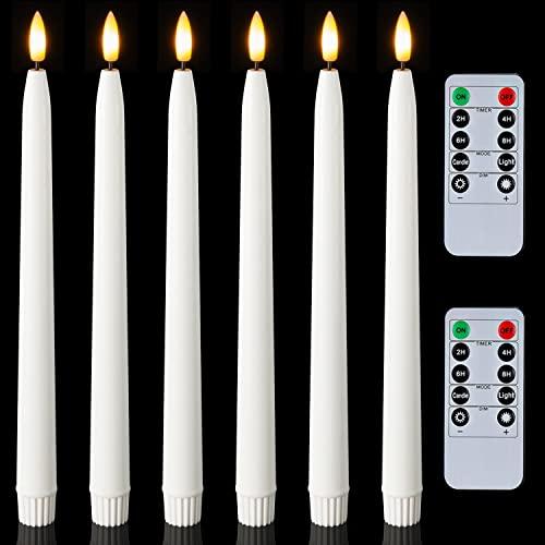 Homemory 10 In Waxy Battery Operated Taper Candles with Remote Timer Dimmer, 6 Pcs Flameless Taper Candles with Flickering Flame, White Candlesticks Battery Powered for Ceremony Memorial Decor