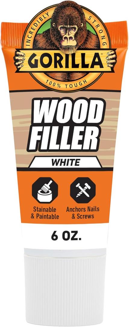 Gorilla All Purpose Wood Filler, White Wood Filler, 6 Ounce Tube (Pack of 1) - Water Resistant for Indoor or Outdoor Projects and Repairs