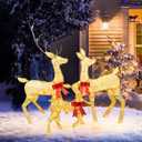 45" Large Outdoor Lighted Christmas Reindeer Family Set Decor, 3Pcs Handmade Light Up Xmas Deer Decoration with Stakes, Safe Material LED Plug and Play Outside Holiday Ornaments for Yard Lawn Garden (2D-Gold-B)