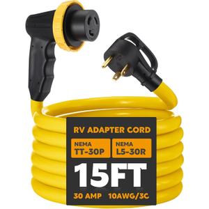 Kanayu 15ft 30 Amp RV Adapter RV Extension Cord with Locking Connector Plug NEMA TT-30P to L5-30R, Generator Extension Power Cord Adapter Plug with 90 Grip Handle, 10AWG/3C STW, ETL Listed