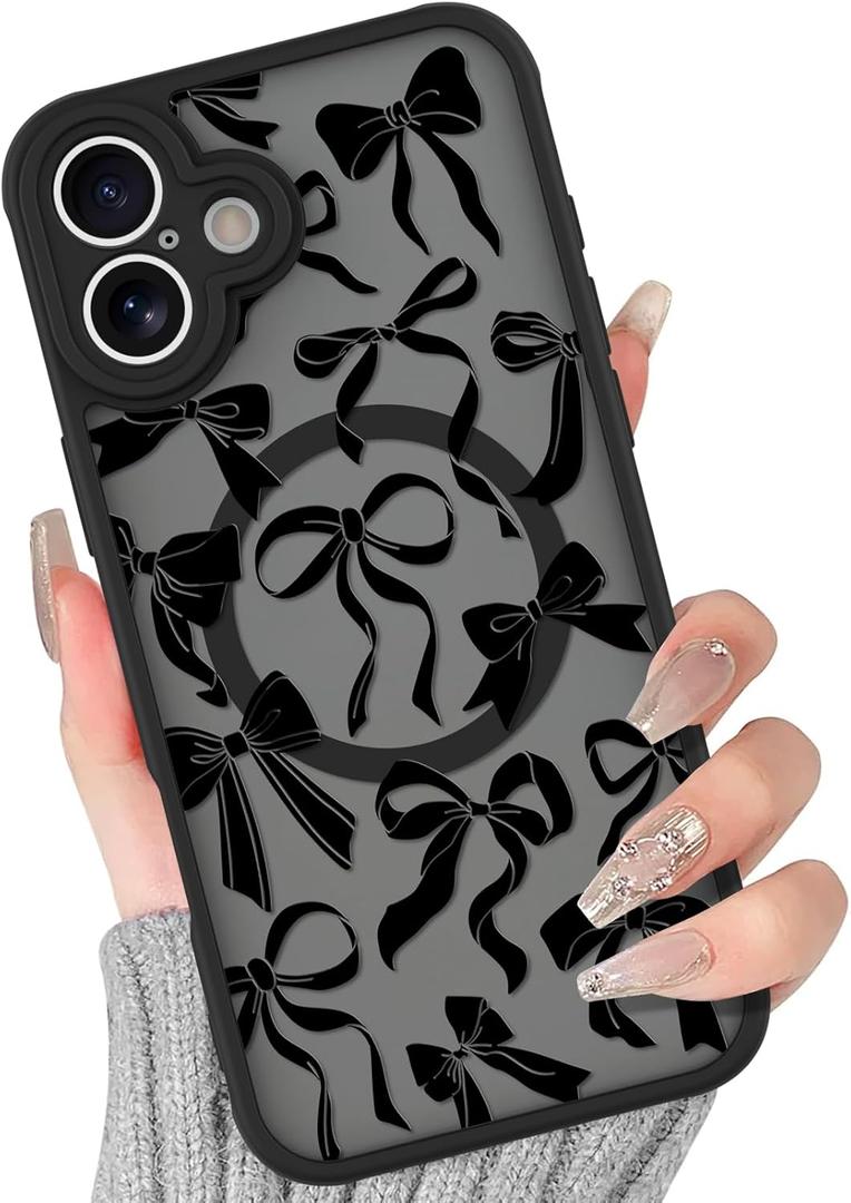 BITOBE Case for iPhone 16 [Compatible with MagSafe] Cute Ribbon Bow Pattern for Women Girls Soft TPU Bumper Translucent Magnetic Slim Protective Cover - Black Bows