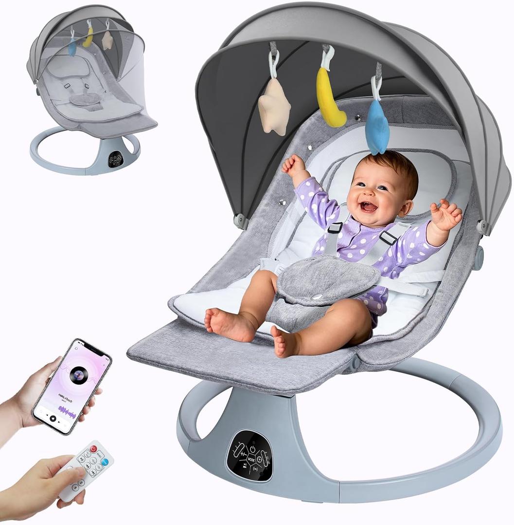 Baby Swings for Infants to Toddler: Electric Baby Swing with Footrest - Infant Swing for with 3 Seat Position & 5 Sway Speed - Baby Rocker with Remote Control & Bluetooth for Indoor Outdoor Gray