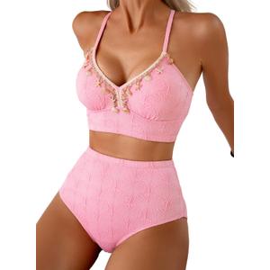 Herseas Women's Seashell Textured Bikini Sets Stitching Ribbon Shell Decoration Swimsuits High Waisted Bathing Suits (Baby Pink)