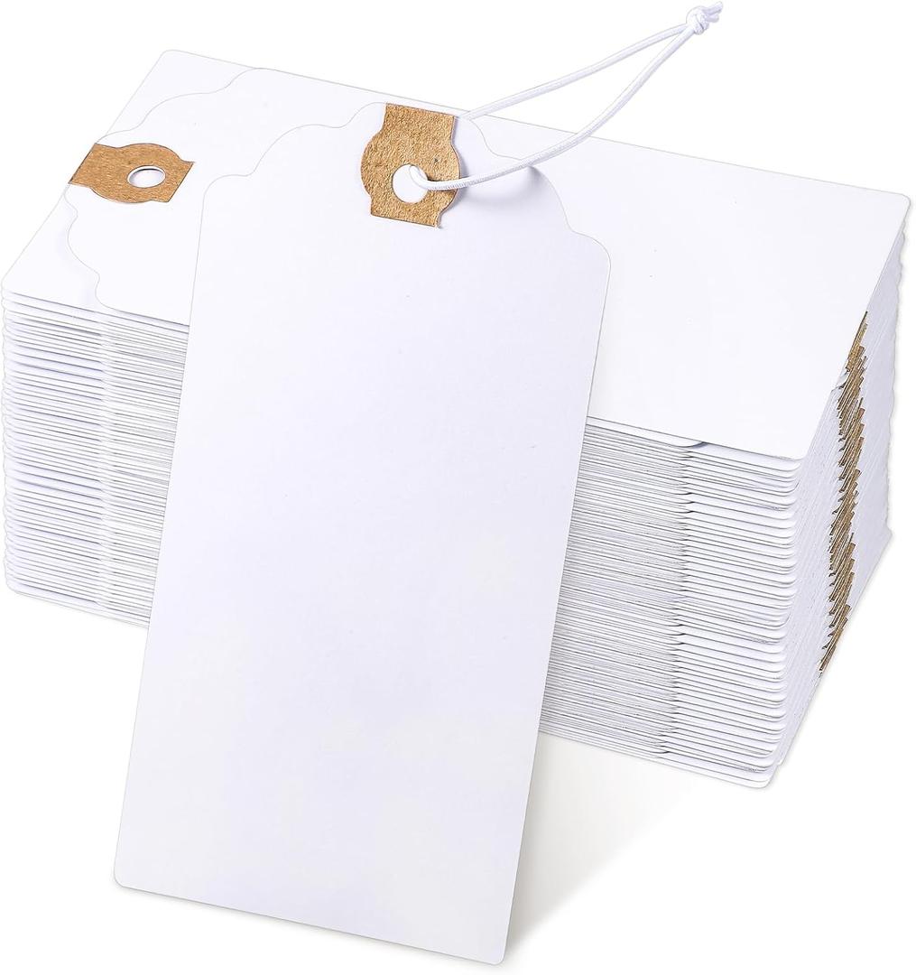 120 Pack White Gift Tags with Elastic String Hang Paper Marking Tags with String Attached Reinforced Hole Writable Inventory Tag Stocking Stuffers 4.76''2.36''